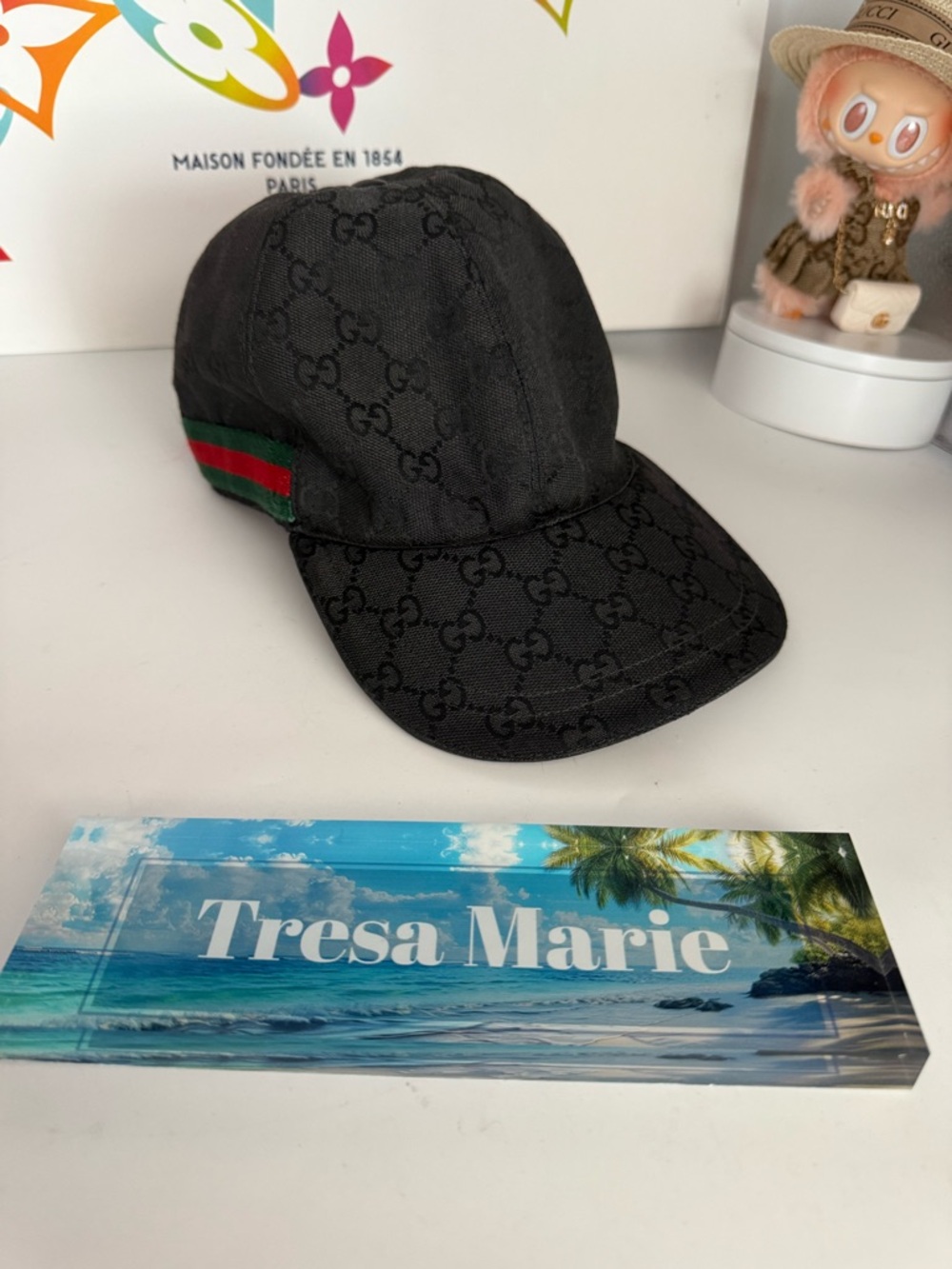 Gucci Black GG Monogram Cap with Green-Red Web Accent